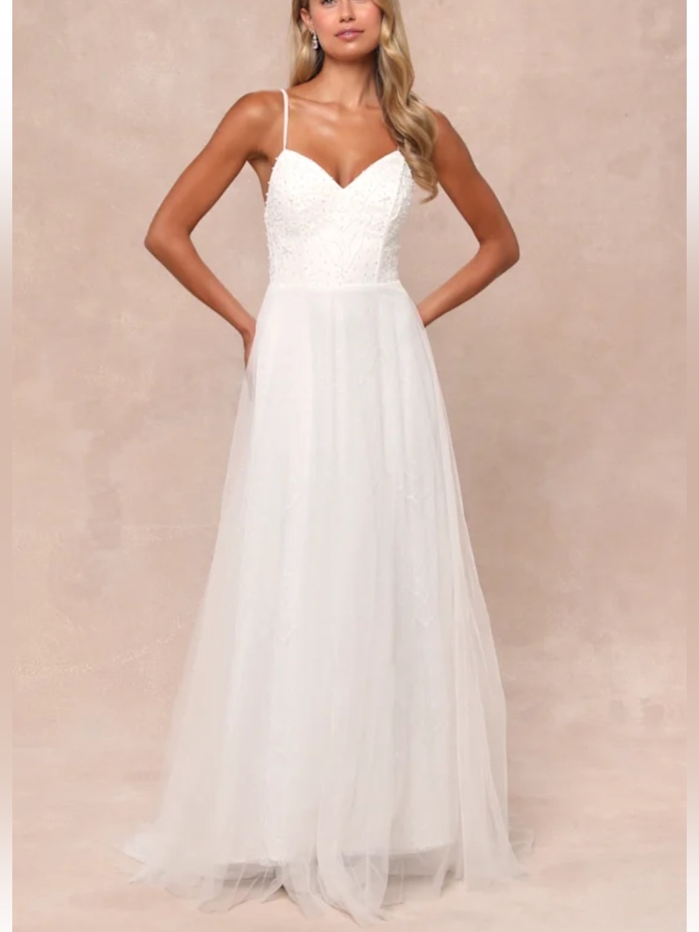 Lulus Love Perfection White Lace Tulle Pearl Beaded Maxi Dress